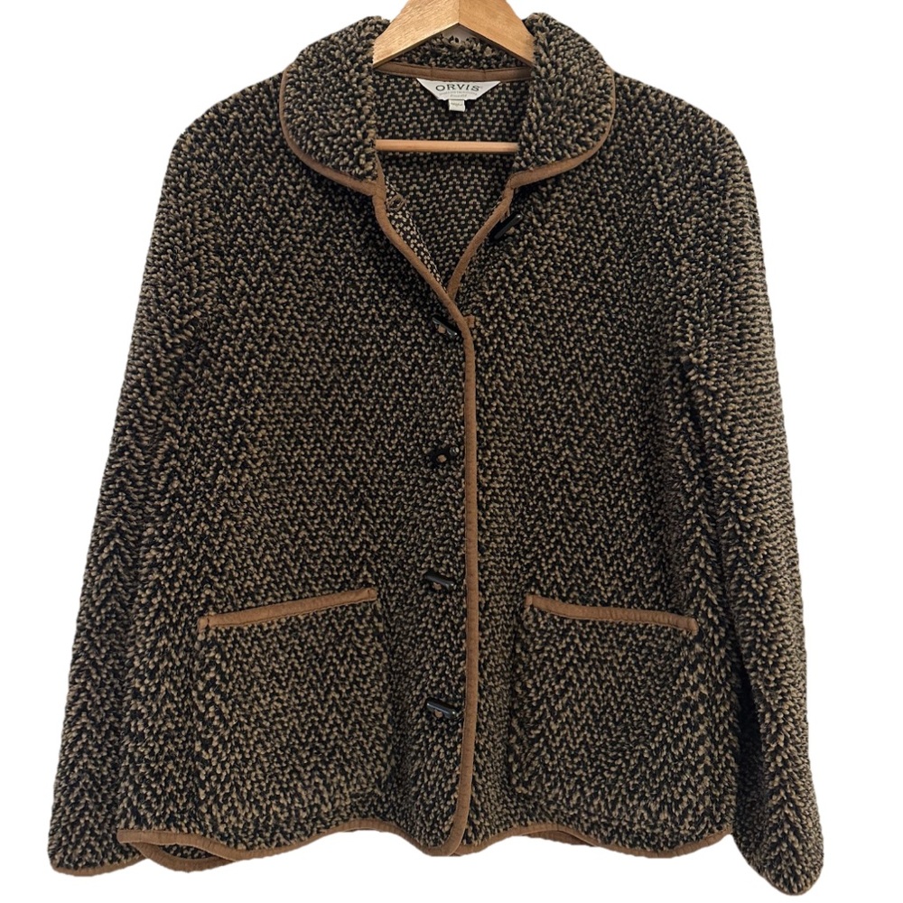 Orvis Berber Fleece Jacket Brown Black Herringbone Toggle Button Women’s Size‎ L